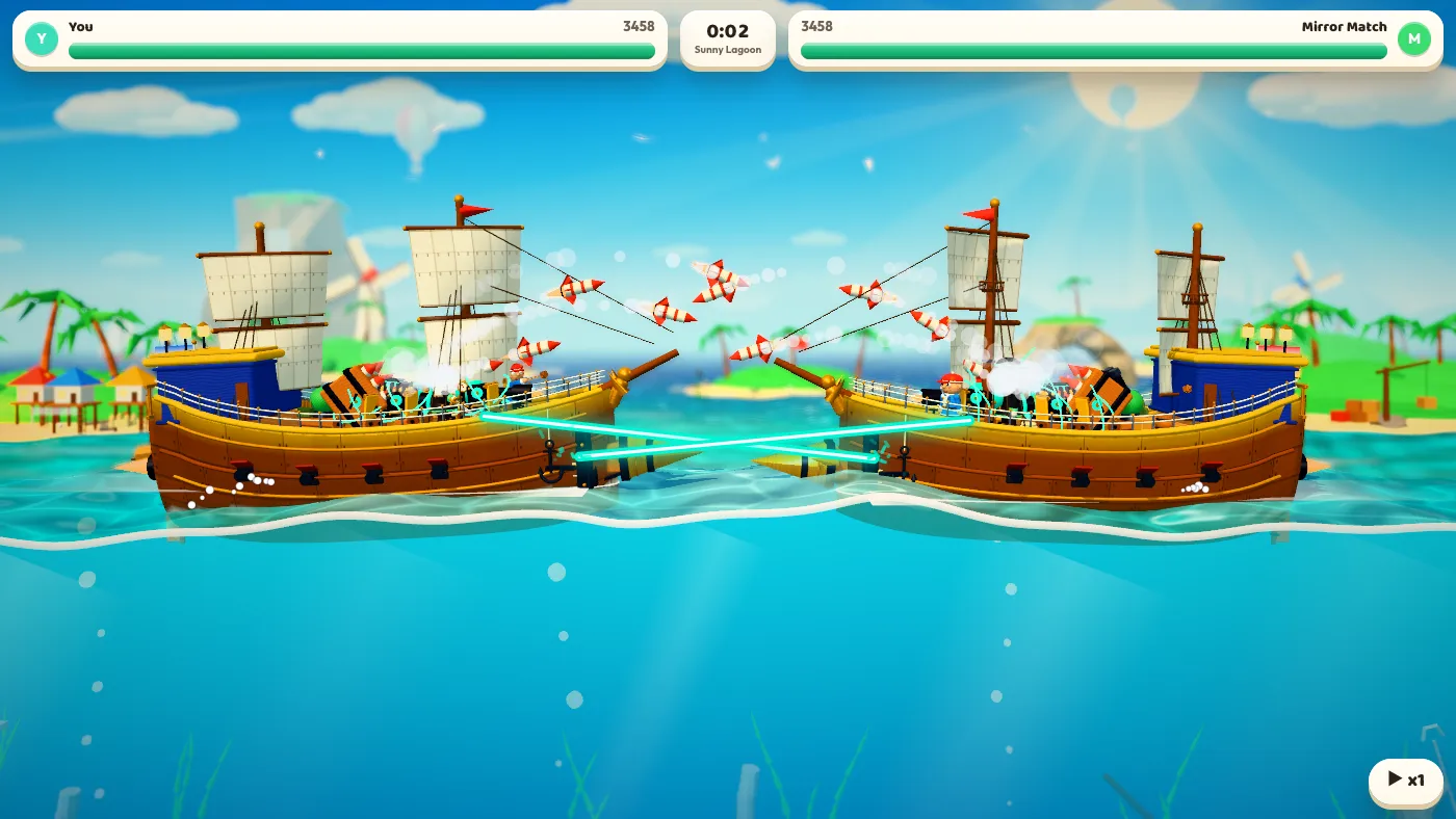 Two galleons closing on a sunny lagoon two seconds into a fight, a volley of red and white rockets arcing between them and a pale beam along the water, palm islands, a windmill and a lighthouse soft in the background, with a hull bar and number for each ship along the top