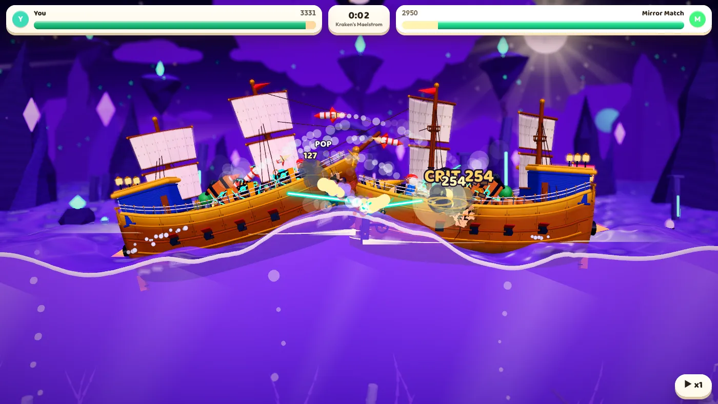 The same two galleons trading fire on violet water under a pale moon, purple crystal spires and a floating rock behind them, damage numbers and the word Crit over the nearer ship and smoke rising from both decks