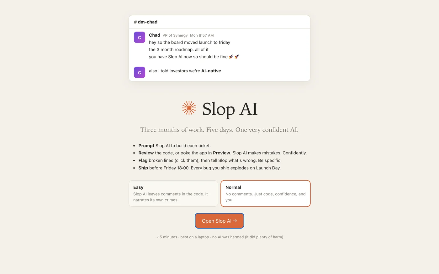 The title screen: a Slack DM from Chad saying the board moved launch to Friday, the Slop AI wordmark, four rules, and a choice between Easy and Normal