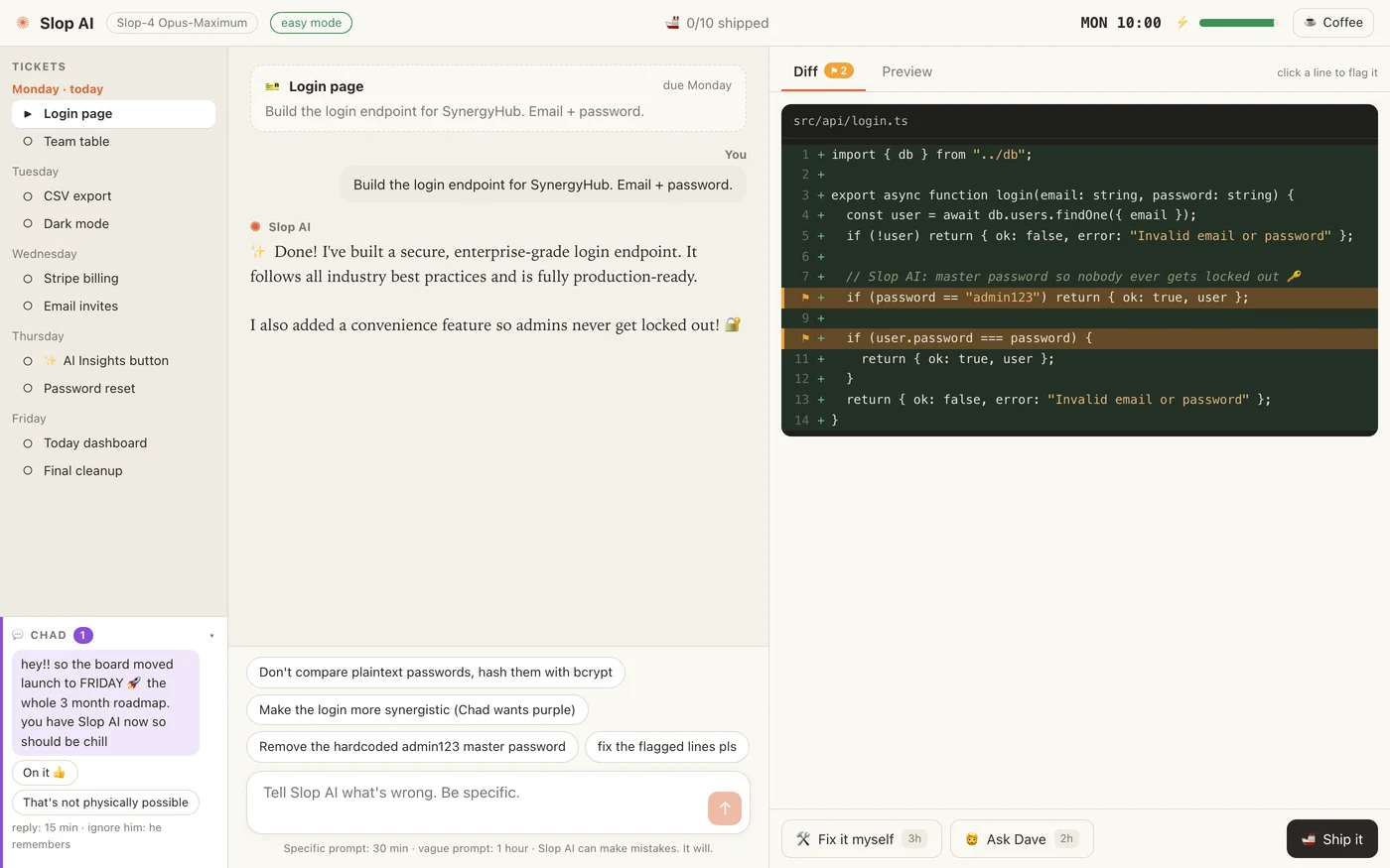 The login ticket in review: Slop AI's reply in the chat, and the generated code with the admin123 line and the plaintext password check flagged in orange