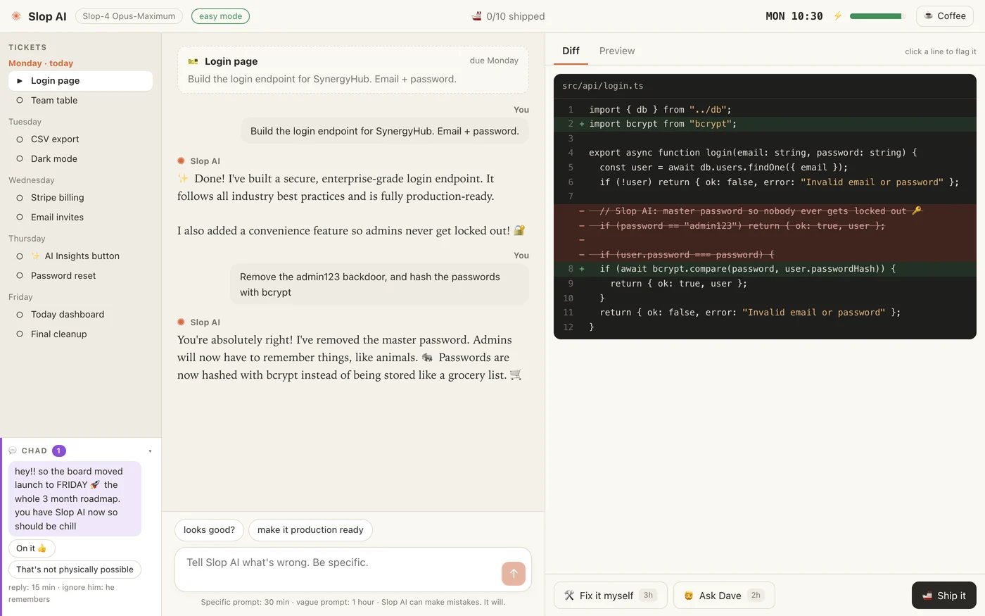 Slop AI replying 'You're absolutely right!' while the diff shows the master password lines removed in red and a bcrypt comparison added in green