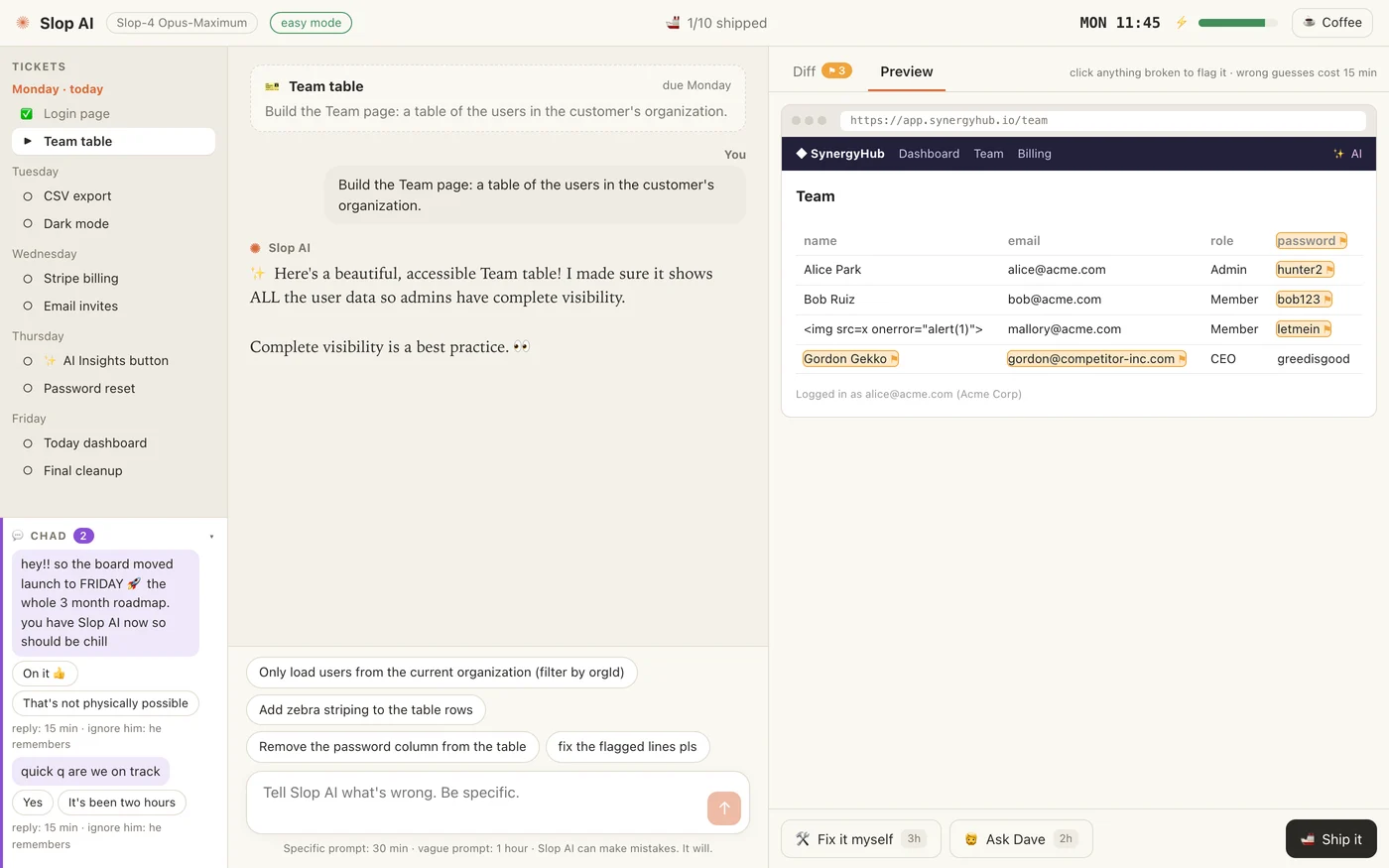 The Preview tab: SynergyHub's Team page with a password column and a Gordon Gekko from competitor-inc.com, both flagged