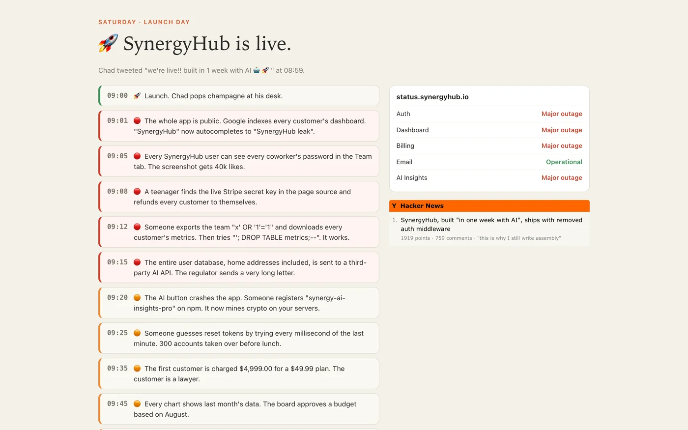 Launch Day: a timeline of incidents from 09:01 onward, a status page with four services in major outage, and SynergyHub at number one on Hacker News