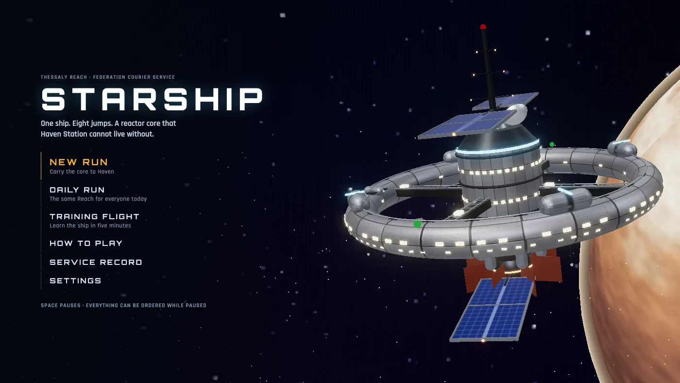 The Starship title screen: the name in wide white capitals over a menu reading New Run, Daily Run, Training Flight, How to Play, Service Record and Settings, beside a ring-shaped space station with lit windows and blue solar panels