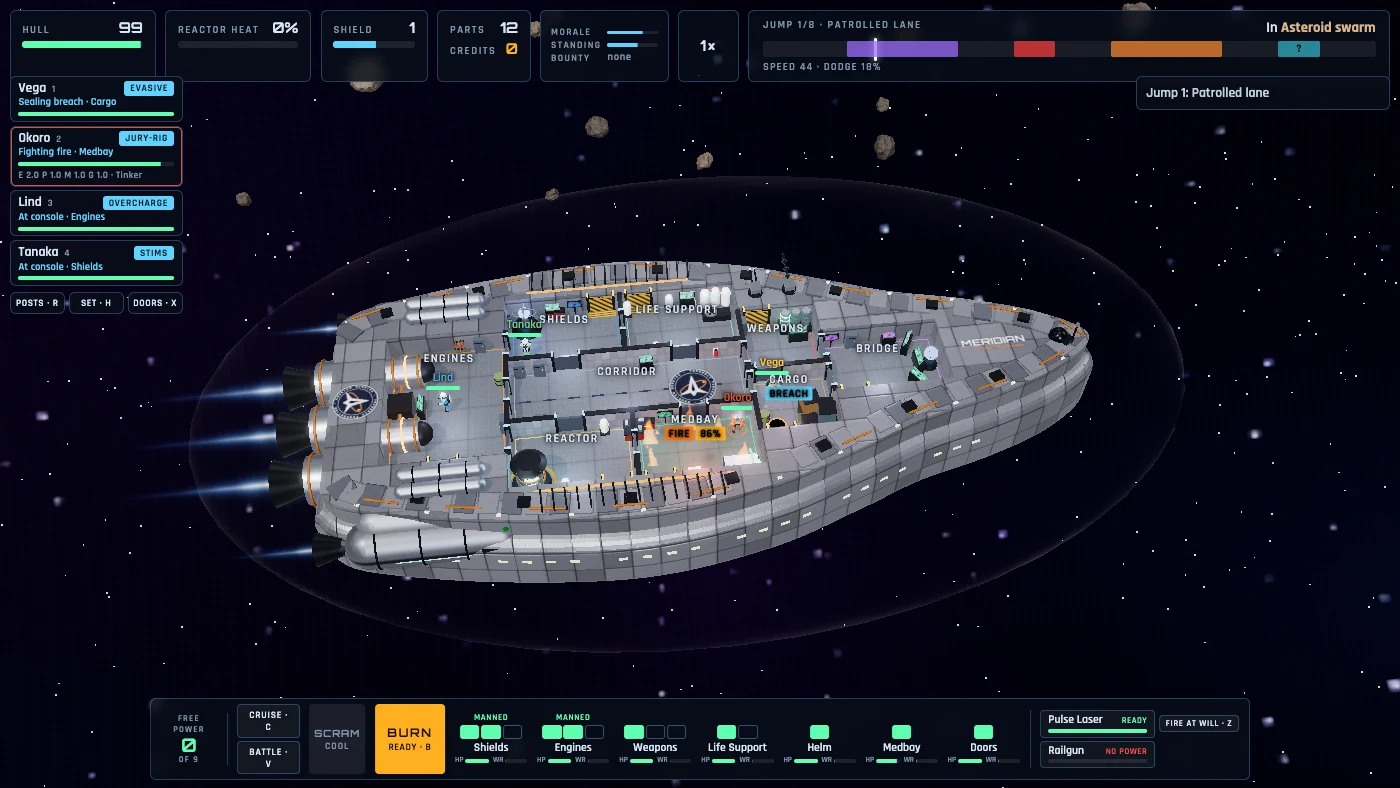 The ship in flight through an asteroid swarm, decks open: one crew member fighting a fire in the Medbay, another sealing a breach in Cargo, crew cards down the left and seven columns of power bars along the bottom