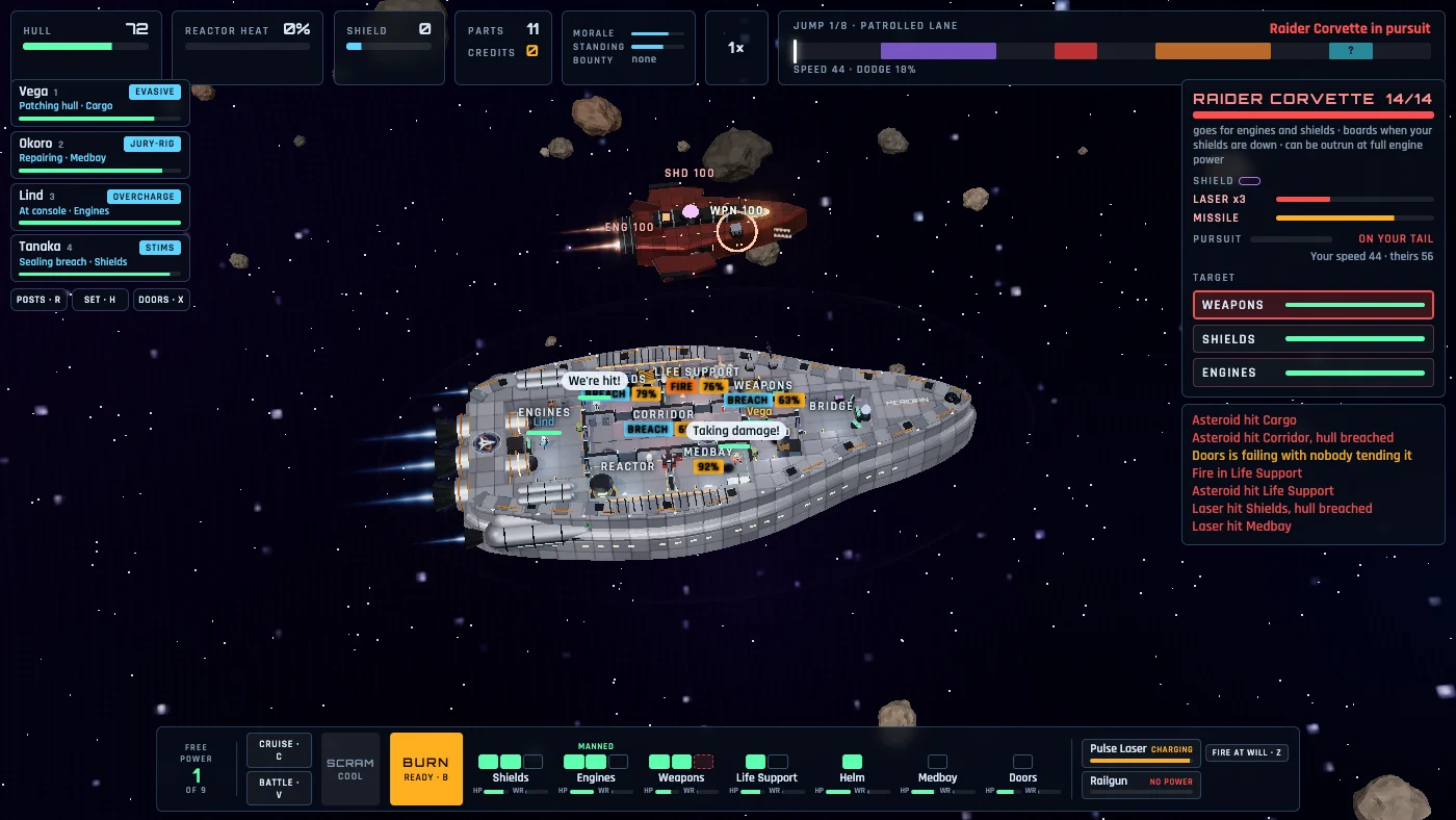 A red raider corvette above the ship in an asteroid field, a targeting ring on its guns; the panel on the right lists its laser and missile charging and offers Weapons, Shields and Engines as targets, and the log below it is a column of hits and breaches