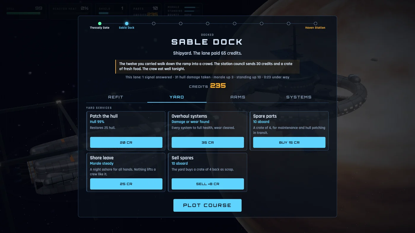The base screen at a station: tabs for Crew, Yard, Arms and Systems, the yard offering hull patching, a systems overhaul, spare parts and shore leave for credits, with the ship and the station dimmed behind
