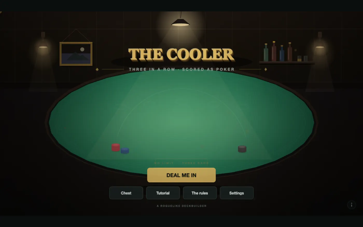 The Cooler title screen: a green felt table under a hanging lamp, dealing itself a straight for 300