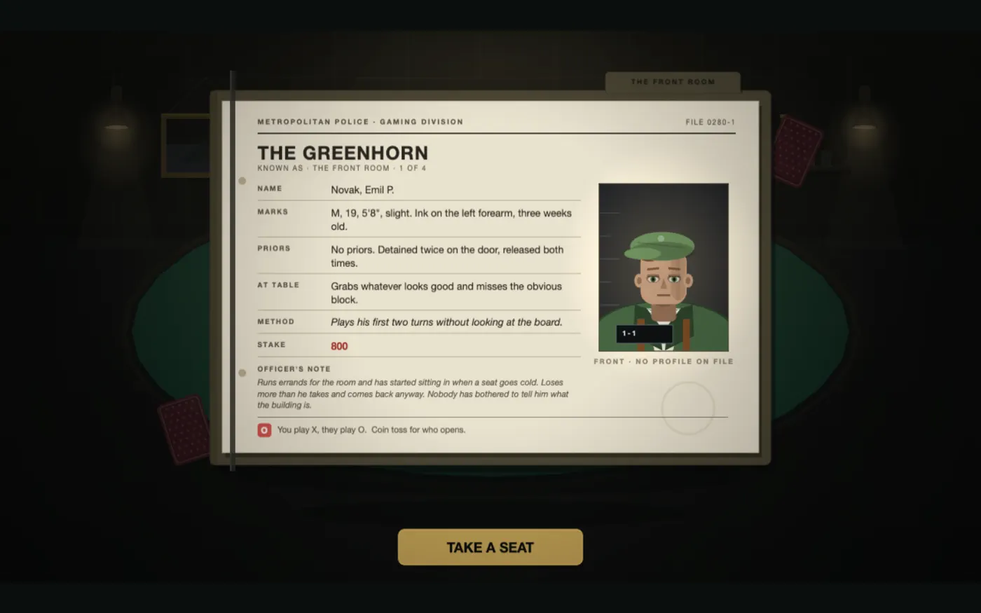 A police file for The Greenhorn, listing name, marks, priors, how he plays at the table, his stake, and a mugshot