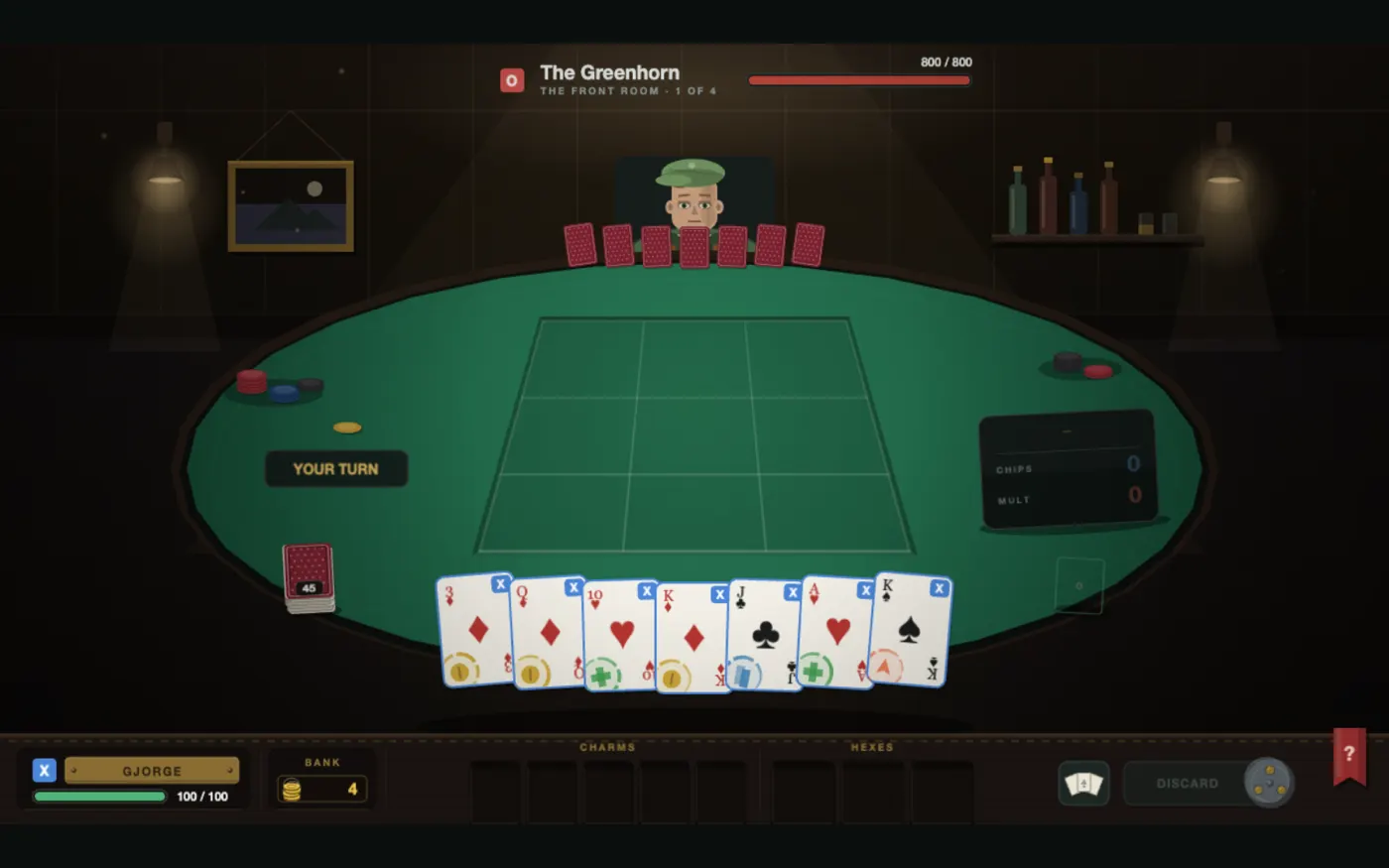 The board mid-fight: an empty three-by-three grid on green felt, a hand of seven cards with blue X tabs, and The Greenhorn opposite on 800 of 800 health