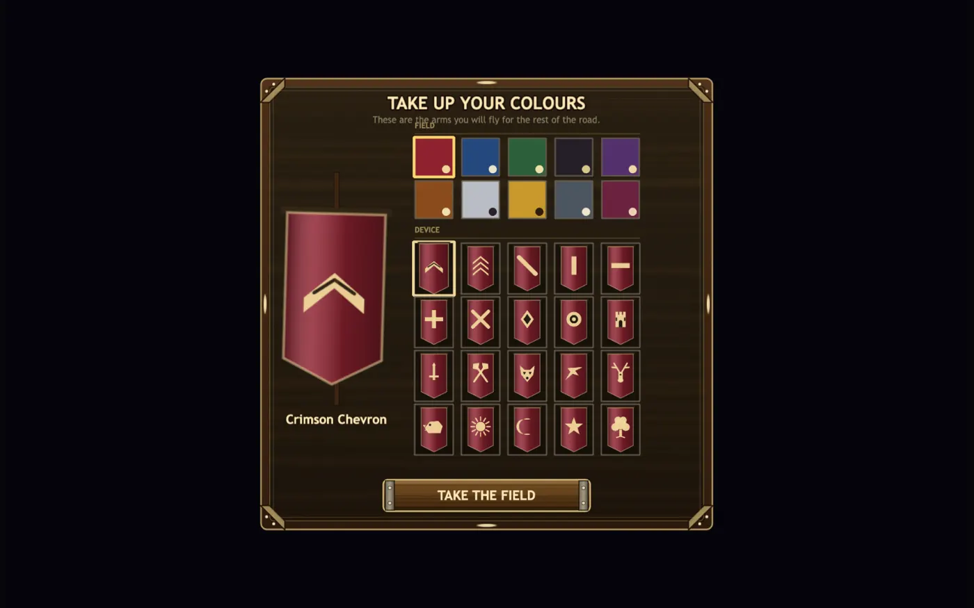 A heraldry screen headed 'Take up your colours', with ten field colours, a wall of devices, and a crimson banner previewed at the left
