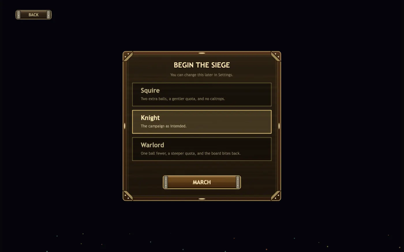 A difficulty panel offering Squire, Knight and Warlord, each with a line describing what changes