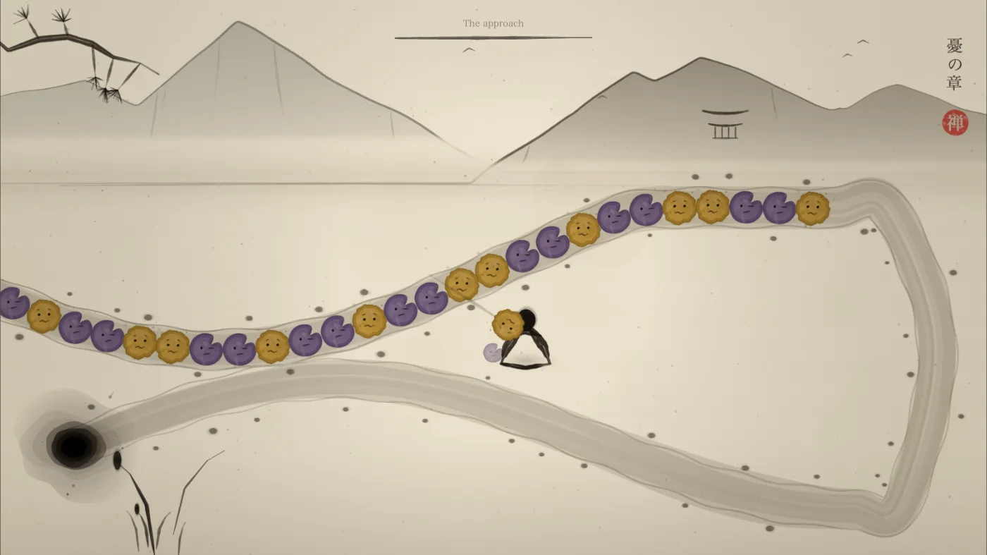 The first level: a chain of yellow and violet orbs with faces winding along a pale brushed track, the seated apprentice aiming at it, a black well bottom left