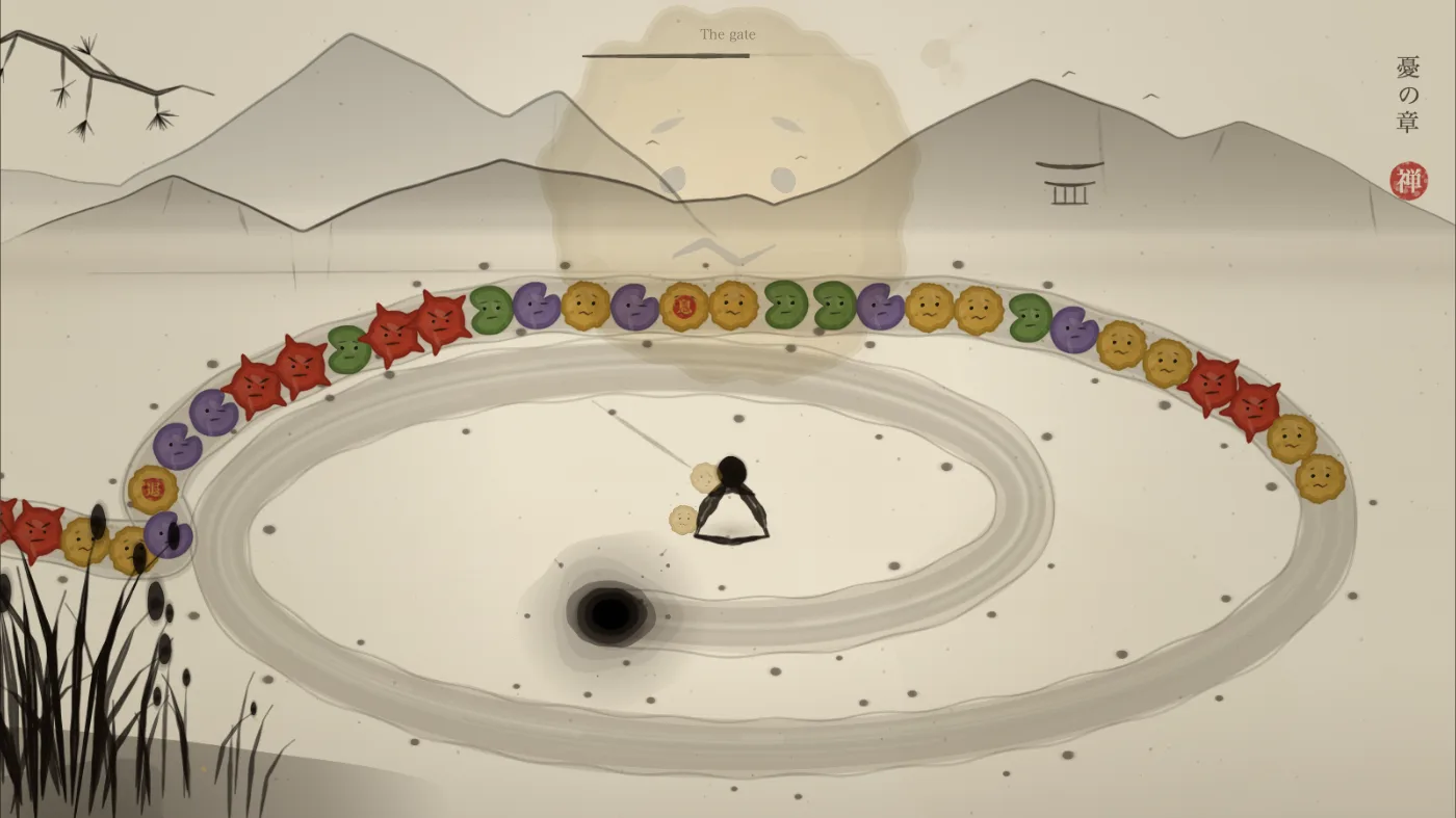 A spiral track with orbs on it, a huge pale face of Worry washed into the sky above the mountains, the apprentice seated at the centre of the spiral