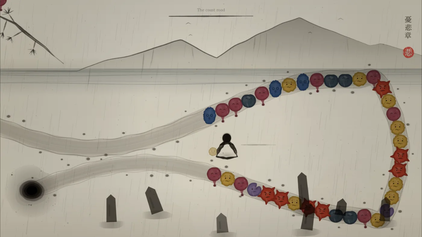 Rain over a flat sea, standing stones in the foreground, and a long chain of red, blue, pink and yellow orbs on a track that forks