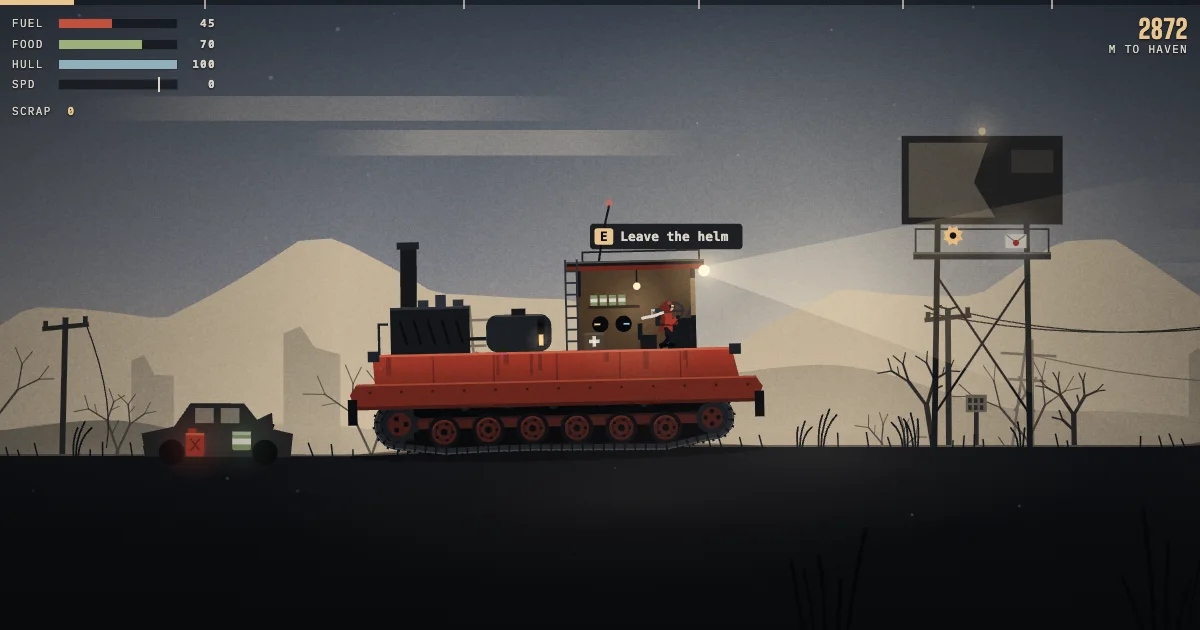 A grey dusk road in silhouette with a red tracked crawler driving right, smoke trailing from its stack and a figure in a red coat at the helm in its lit cab, a burnt-out car with a fuel can and a tin beside it behind, and an old billboard on stilts ahead with a gear and a letter on its catwalk; gauges for fuel, food, hull and speed at the top left and 2872 m to Haven at the top right