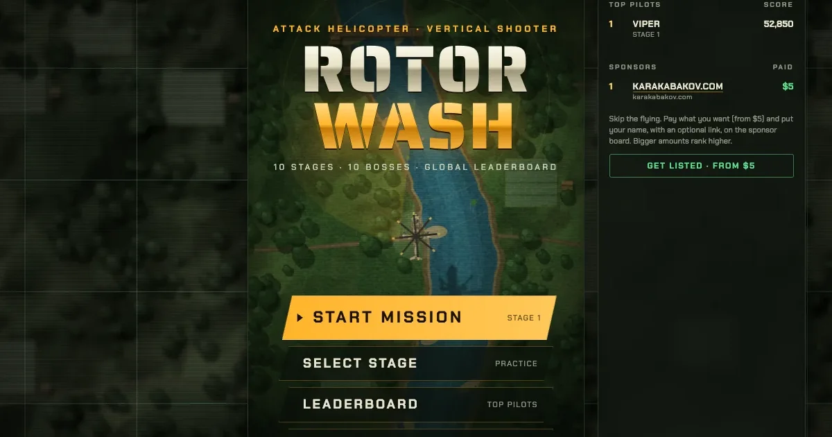 The Rotorwash main menu over a jungle river, with the helicopter hovering above the water, beside the leaderboard and a satellite feed of the land either side
