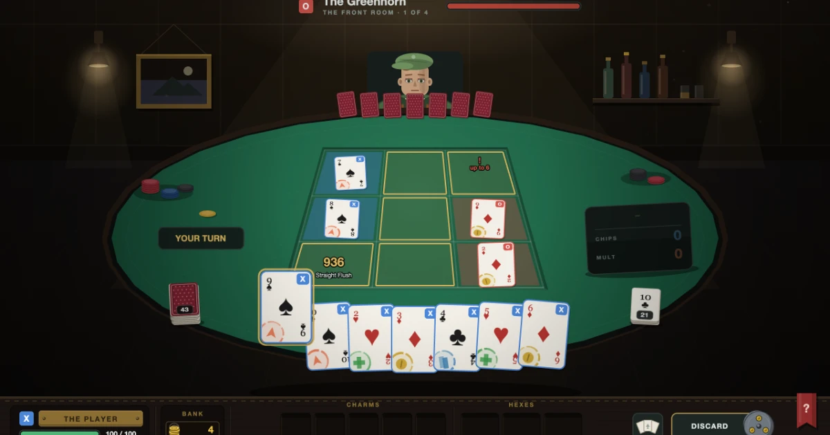 The Cooler's board mid-fight: a three-by-three grid of playing cards, the player's marked with a blue X tab and the opponent's with a red O