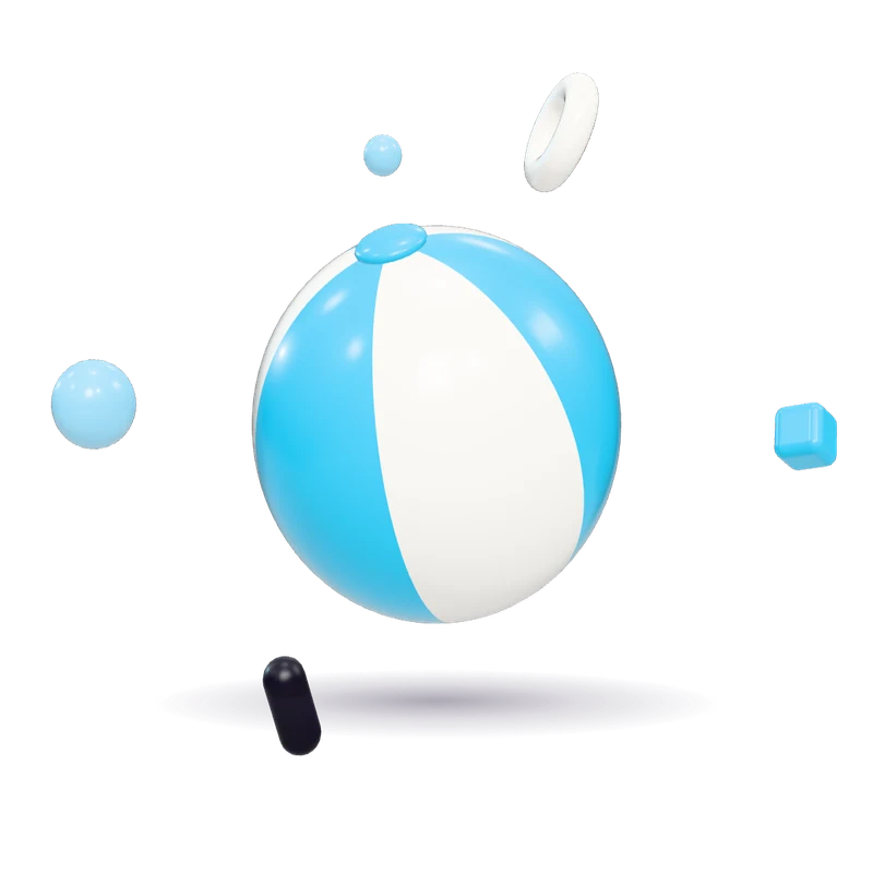 A glossy toy beach ball in cyan and white panels