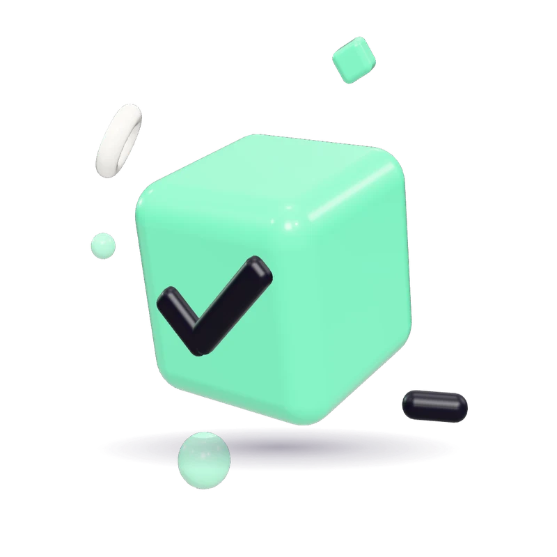 A glossy mint-green toy cube with a black tick on its face, like a checked box on a form