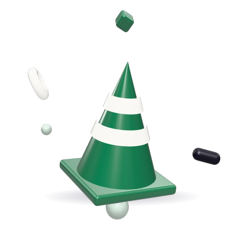 A glossy green toy traffic cone with two white bands, standing on its square base