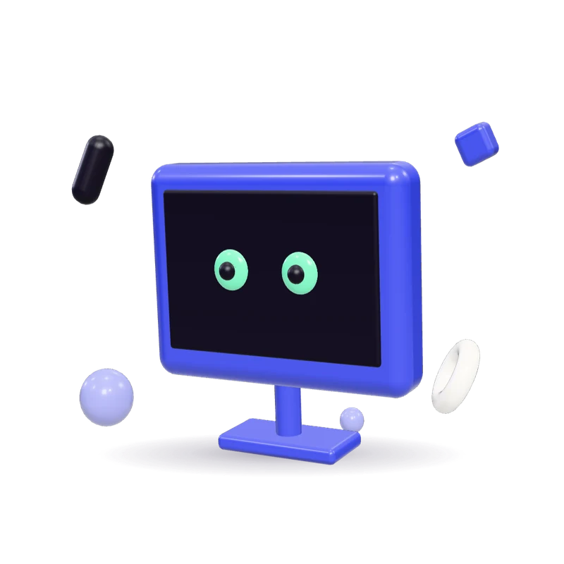 A glossy blue toy computer monitor with two green eyes looking out of its dark screen