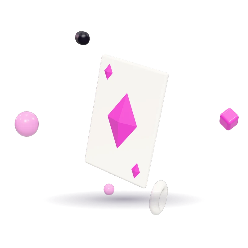 A glossy toy playing card with a pink diamond pip, tilted in the air